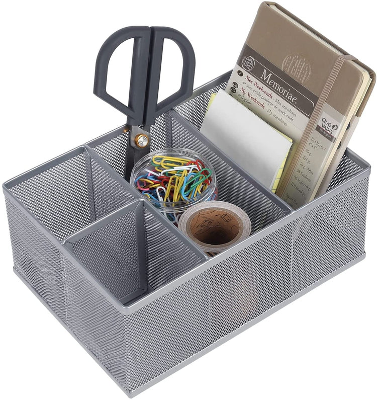 MyGift Silver Metal Mesh Pencil Holder, Desktop Office Supplies Pen Cup, Desk Storage Organizer Caddy with 4 Compartments