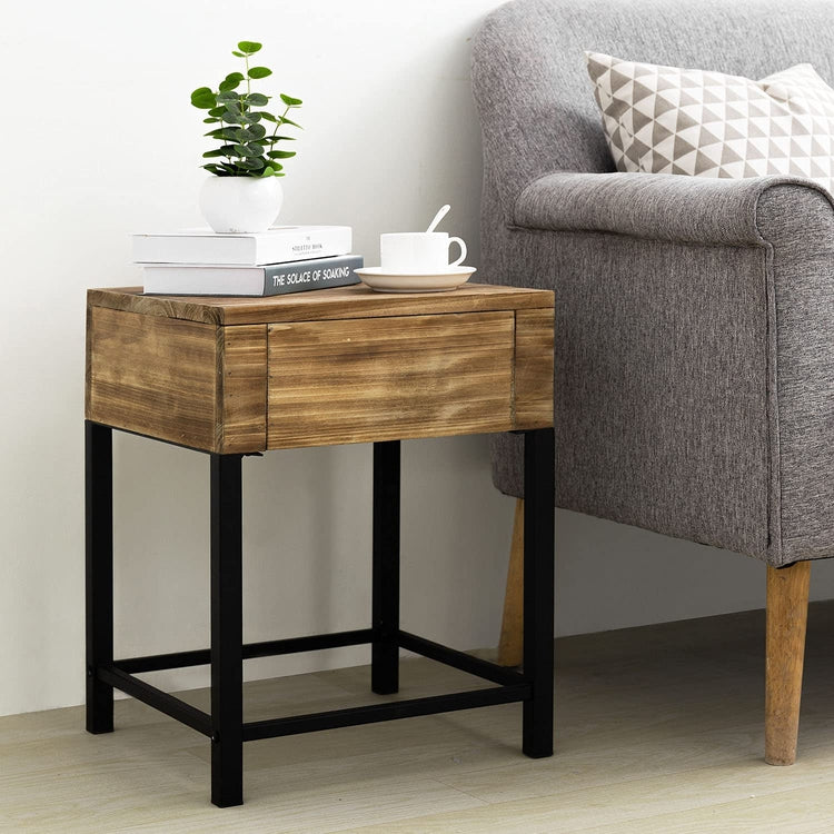 Brown Wood and Black Metal Bedside Nightstand, End Table, Side Table with Pull-Out Drawer-MyGift