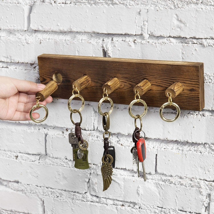 Wall Mounted Wooden Key Organizer Storage Rack with 5 Removable Brass Ring Hooks and Burnt Dark Brown Finish-MyGift