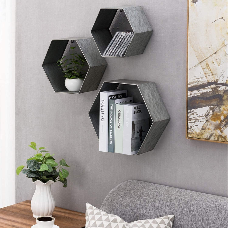 Set of 3, Wall Mounted Hexagon Design Galvanized Silver Metal Floating Shelves with Mesh Backing-MyGift