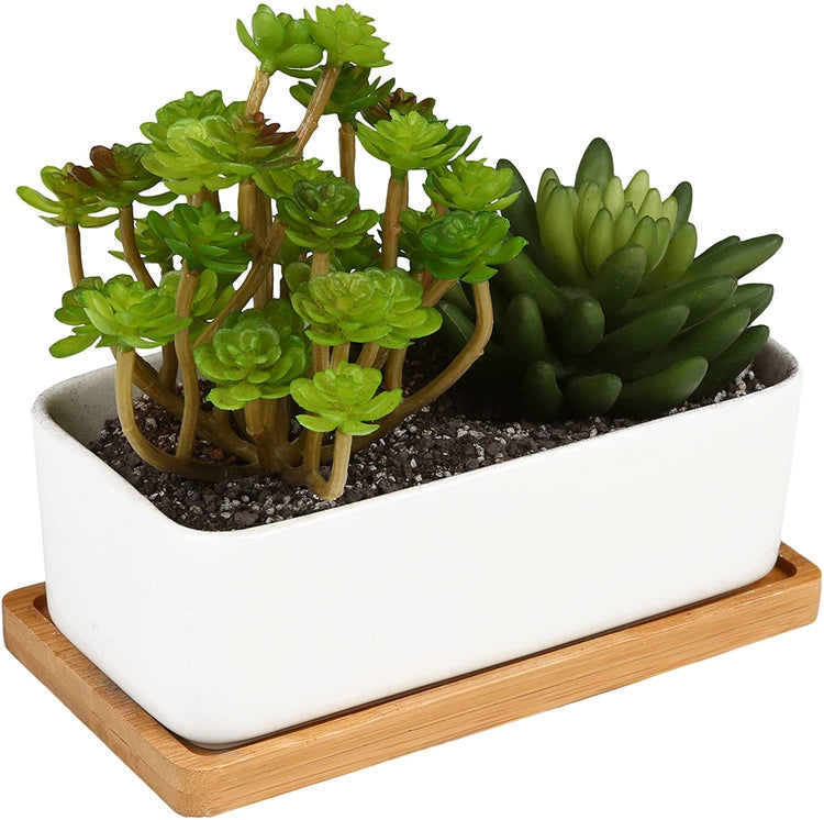 2 Pack White Rectangular Planters with Removable Bamboo Saucers, Ceramic Planter Perfect for Indoor or Outdoor-MyGift