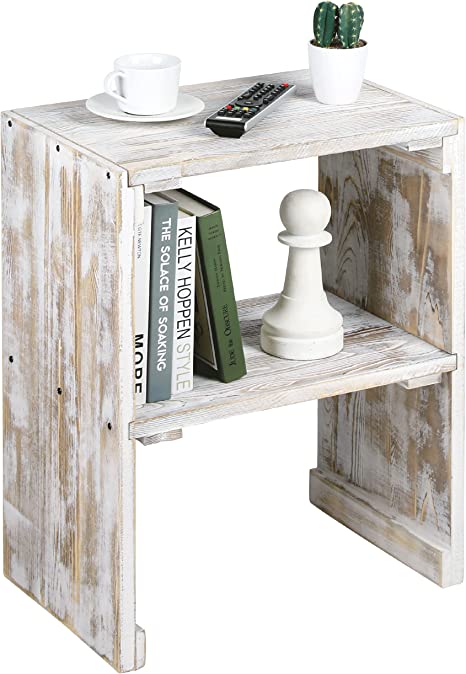 End Table with Storage Shelf, Farmhouse Whitewashed Wood Home Decor Side Table-MyGift