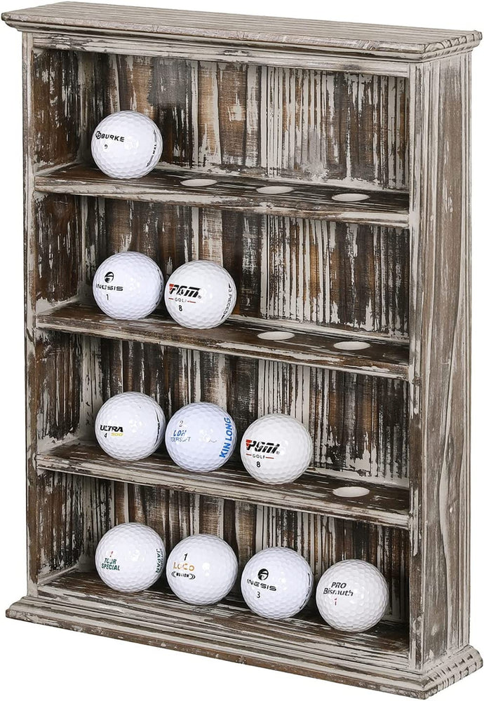 Wall Mounted Torched Wood Golf Ball Collector Display Shelf, 4-Tier Wooden Storage Organizer Rack with 16 Slot Holders-MyGift