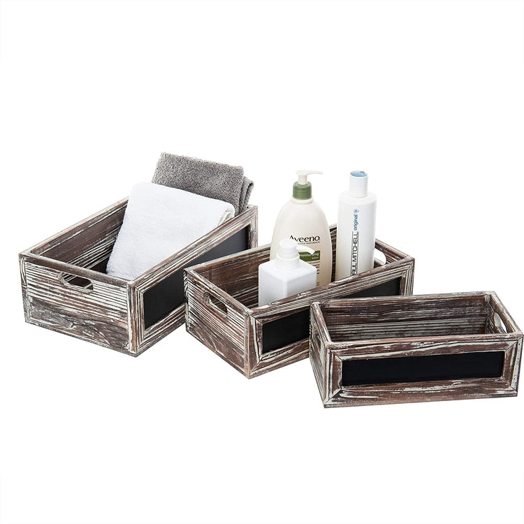 Set of 3, Rustic Wood Nesting Crates with Chalkboard Front Panel and Cutout Handles-MyGift