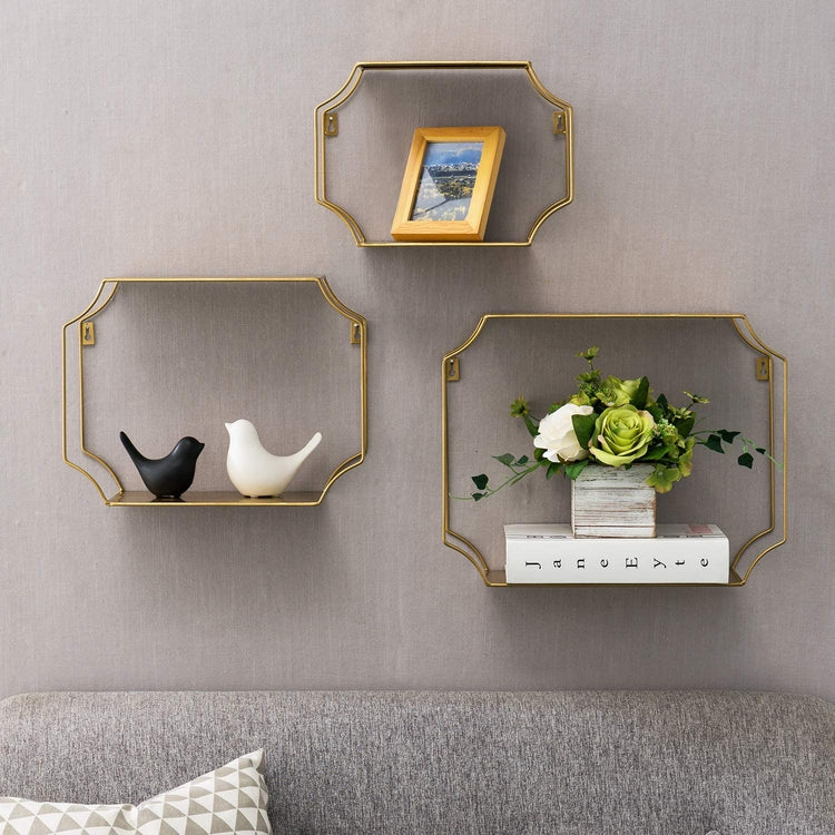 Set of 3 Metal Floating Wall Shelves with Vintage Brass Tone Wire Framing-MyGift