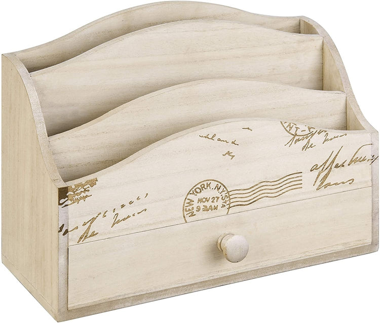 Postcard Design Whitewashed Wood Desktop Mail Holder with Drawer-MyGift