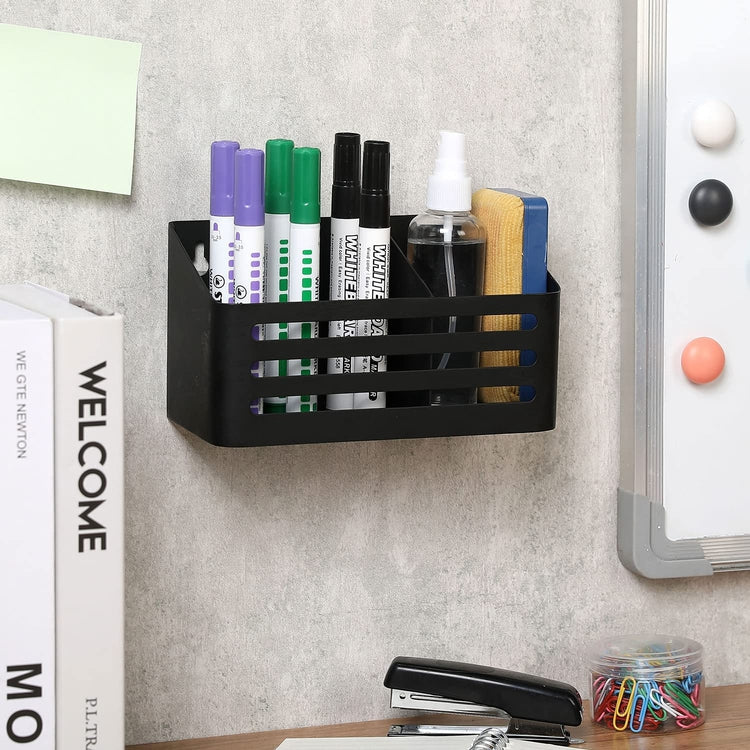 Black Metal Whiteboard Marker Holder with Slatted Front Design, Wall Mounted or Tabletop Supply Storage Bin, Pencil Cup-MyGift