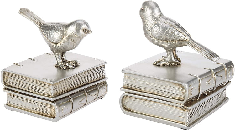 1 Pair, Silver-Colored Resin Decorative Birds and Books Bookends-MyGift