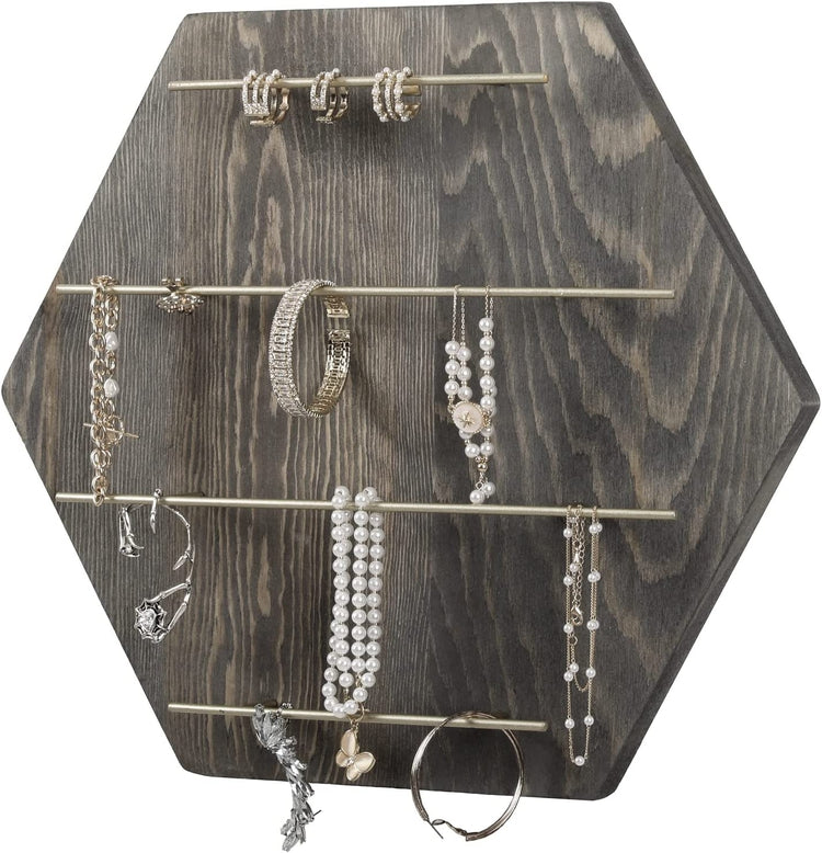 Gray Wood and Brass Tone Metal Hexagonal Jewelry Hanger Rack, Tiered Wall Mounted Necklace, Bracelet Storage Organizer-MyGift