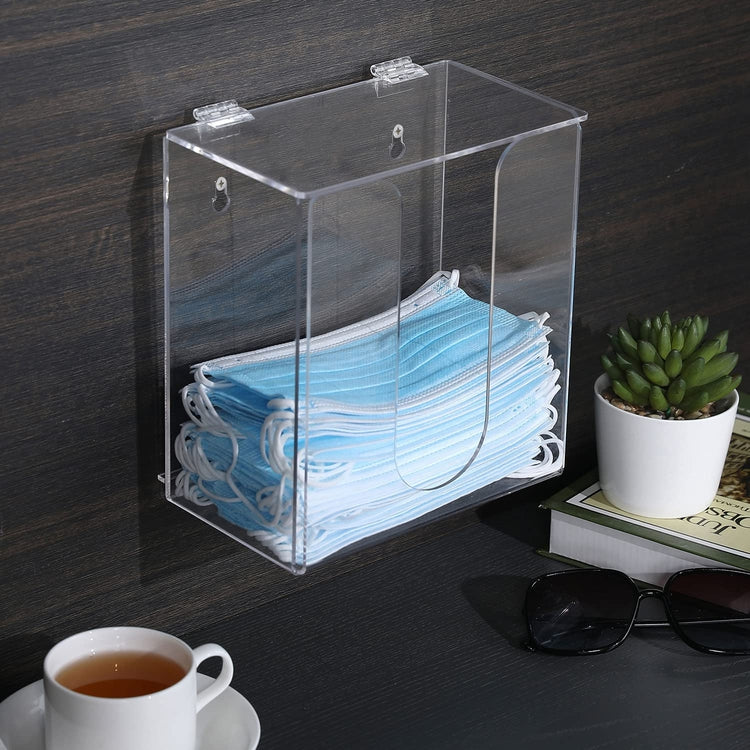Clear Acrylic Wall Mounted Medical Safety Mask and Personal Face Covering Storage Dispenser Box with Lid Cover-MyGift