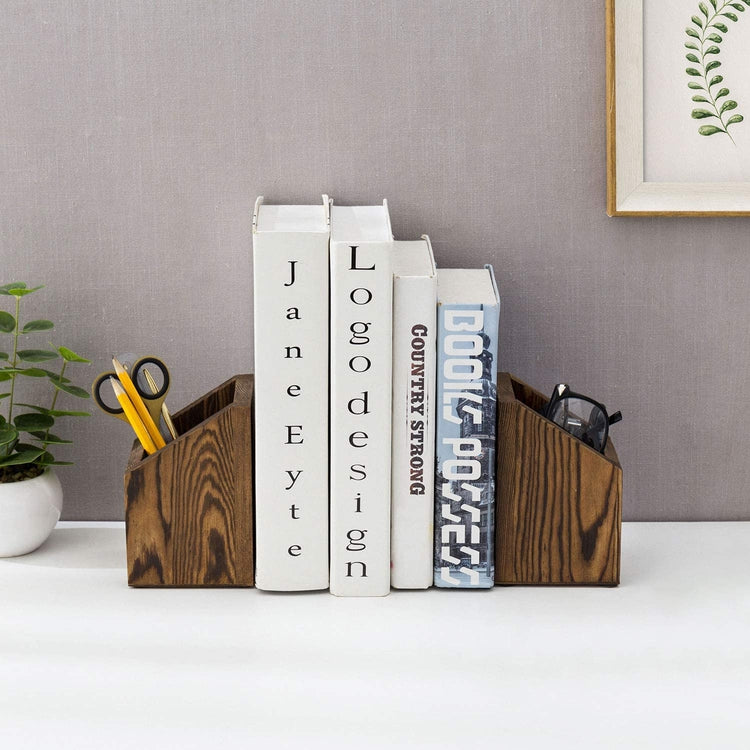 2 Piece Set, Dark Brown Burnt Wood Decorative Bookends with Office Stationery Holder Design-MyGift
