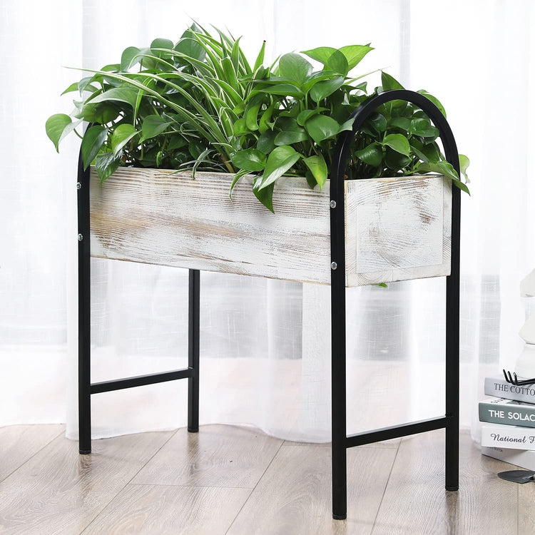Whitewashed Wood and Black Metal Framed Rectangular Freestanding Indoor, Outdoor Raised Garden Planter Box Plant Stand-MyGift