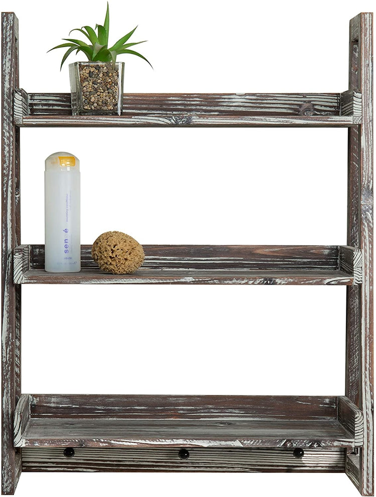 3-Tier Torched Wood Wall-Mounted Cascading Ladder Shelves with 3 Peg Hooks-MyGift
