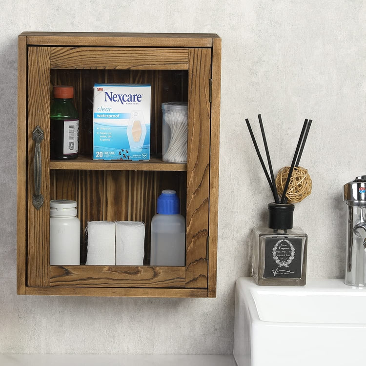 Burnt Wood Curio Cabinet, Wall Mounted Wooden Collectible Display Shelves and Case with Clear Acrylic Panel Door-MyGift