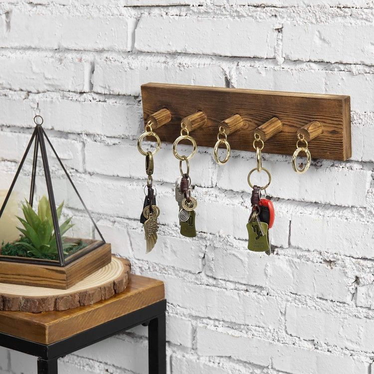 Wall Mounted Wooden Key Organizer Storage Rack with 5 Removable Brass Ring Hooks and Burnt Dark Brown Finish-MyGift