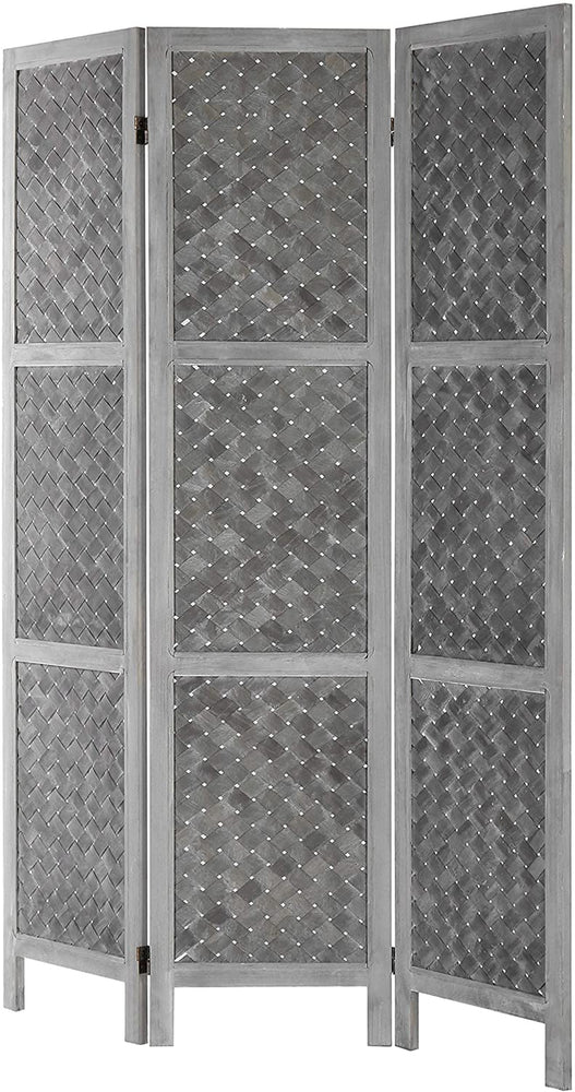 3-Panel Distressed Grey Woven Wood-Framed Dual-Hinged Room Divider-MyGift