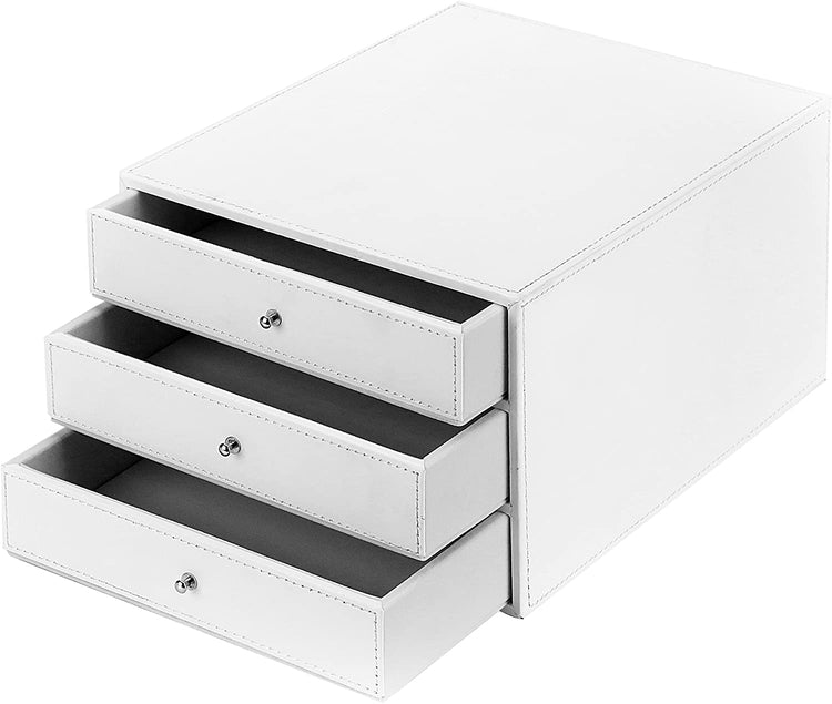 Executive 3-Drawer White Leatherette Office Filing Cabinet, Leatherette Jewelry Box-MyGift