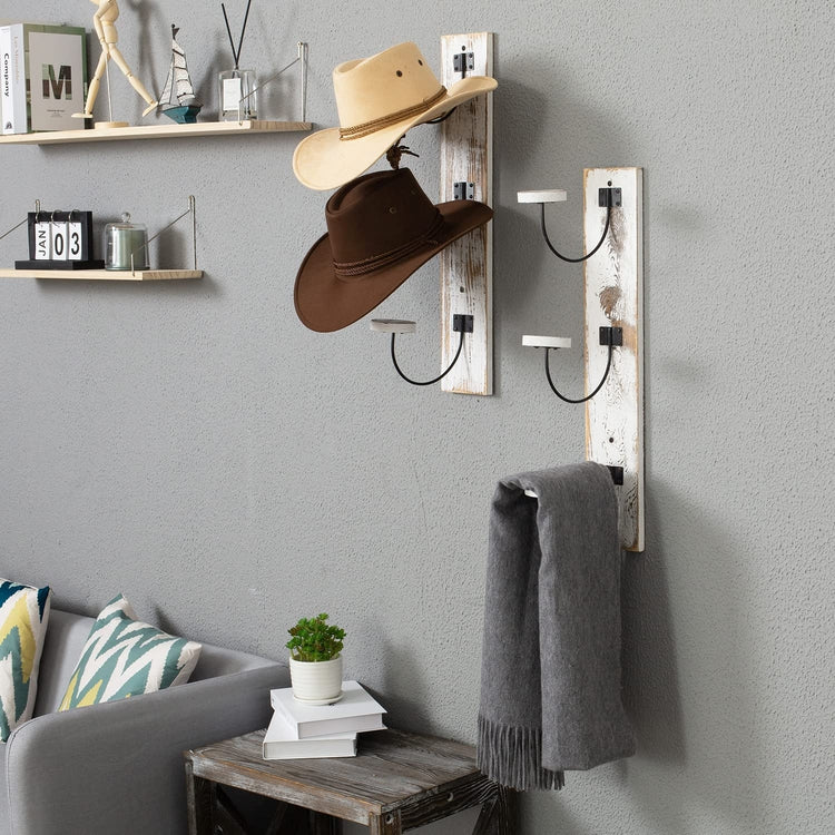 Set of 2, Whitewashed Wood and Black Metal Wire Wall Mounted Vertical Hat Rack-MyGift