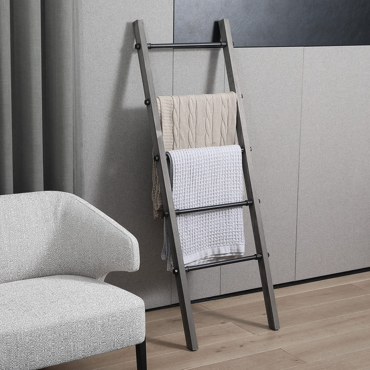 5-ft Blanket Ladder, Wall-Leaning Decorative Storage Ladder with Weathered Gray Wood and Industrial Metal Pipe Rungs-MyGift
