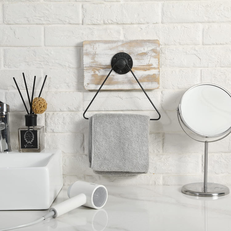 Burnt Brown Wood and Black Industrial Metal Pipe Triangular Hand Towel Holder Bathroom Wall Hanger Rack-MyGift