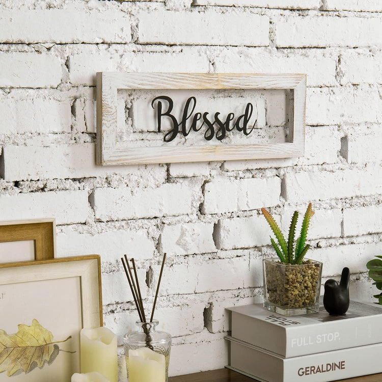 Clear Acrylic Hanging Wall Sign with Whitewashed Wood Frame and Decorative Blessed Lettering in Cursive-MyGift