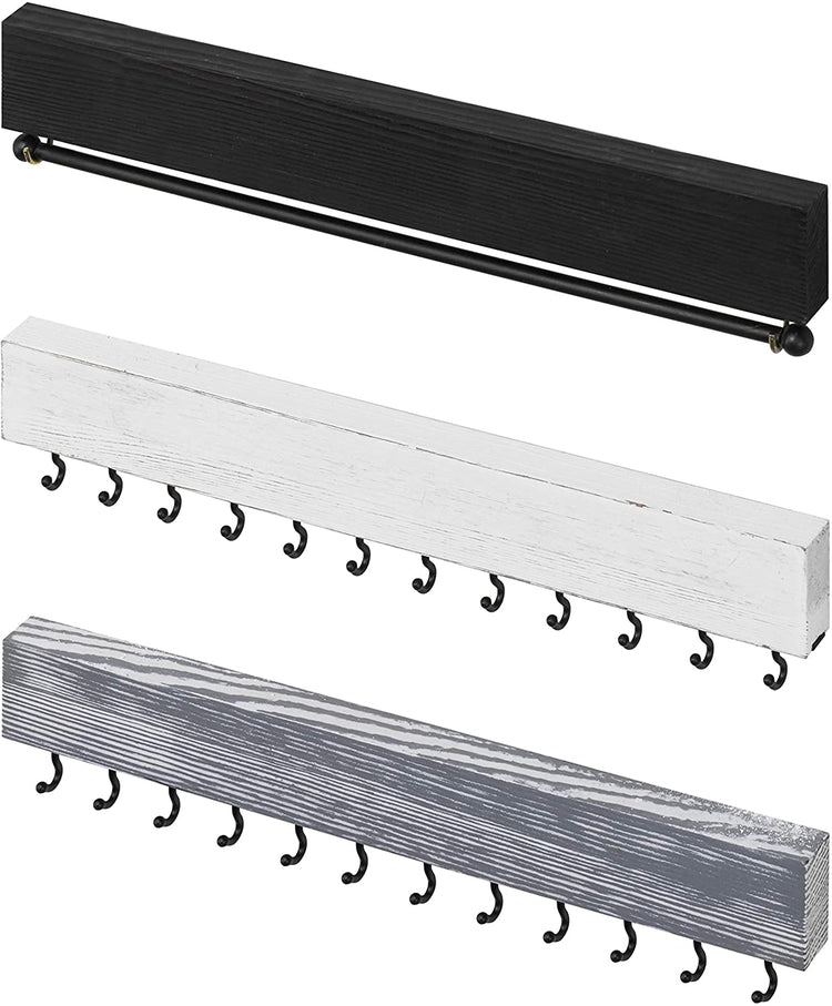 Set of 3 Jewelry Accessories Hook Organizer with Earring Bar, 12-inch Matte Black Metal & Rustic Wood Racks-MyGift