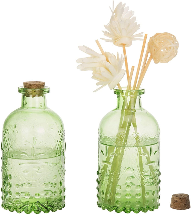 Set of 2 Vintage Design Embossed Green Glass Bottle with Cork Lid-MyGift
