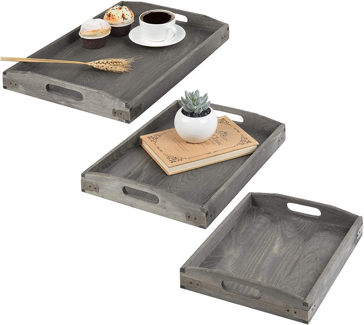 Set of 3, Vintage Gray Wood Serving Trays with Brass Metal Accents-MyGift