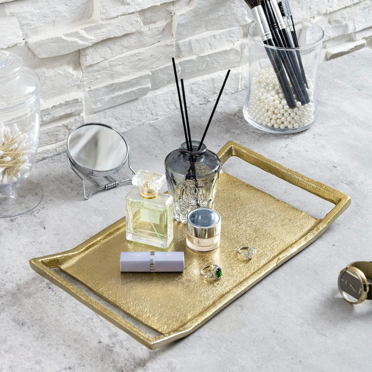 14 Inch Brass Metal Vanity Tray with Handles, Bathroom Countertop Toiletry Display-MyGift