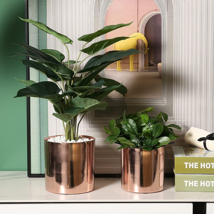 Set of 2, Brushed Copper Plated Metal Cylindrical Planter Pots-MyGift