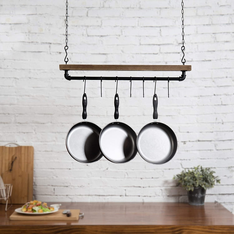 Industrial Pipe & Wood Ceiling Mounted Hanging Pot Rack with 8 S-Hooks