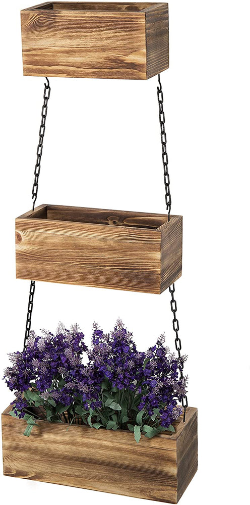 3-Tier Rustic Wood Hanging Planter Boxes with Black Chains-MyGift