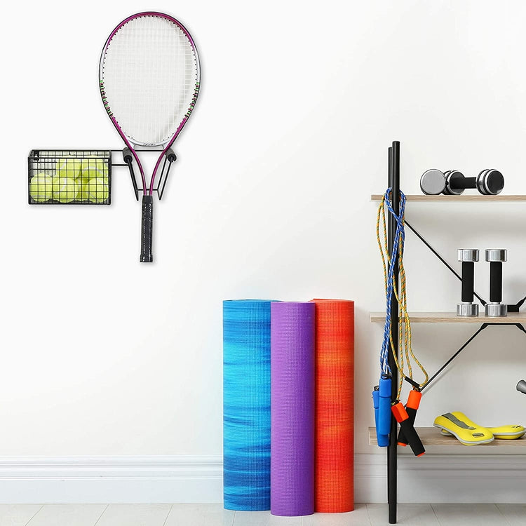 Wall Mounted Metal Tennis Racket Holder with Ball Storage Basket