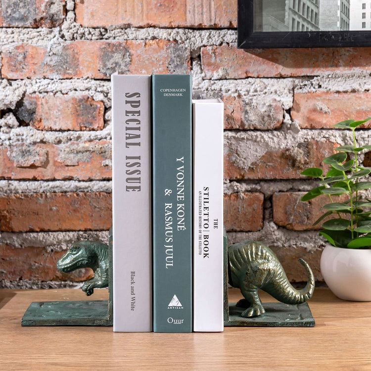 Dinosaur Bookends, Vintage Cast Iron Tyrannosaurus T-Rex Shaped Design Decorative Book Holder Support-MyGift