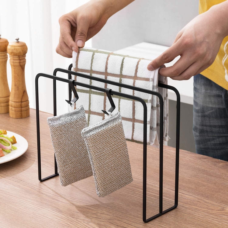 Dual-Bar Kitchen Countertop Dishcloth Drying Rack with 2 Sponge Hooks