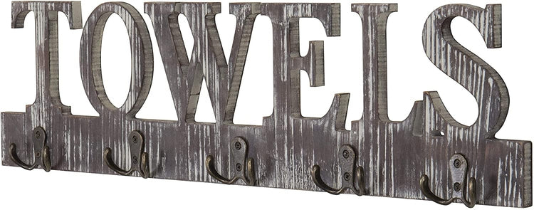 Torched Wood 5 Dual-Hook Towel Hanging Rack with Cutout Letters-MyGift