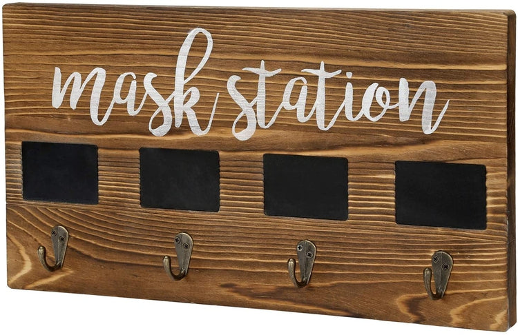 4-Hook Dark Brown Burnt Wood Wall Mounted Face Mask Hanger Rack with Chalkboard Labels-MyGift