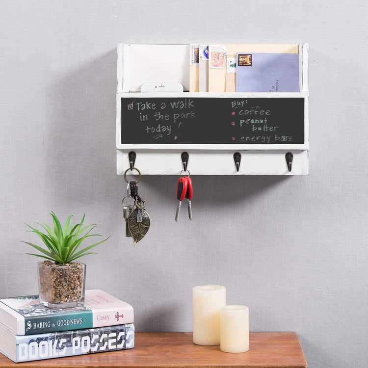 White Wood Wall Mounted Entryway Rack w/ Chalkboard-MyGift