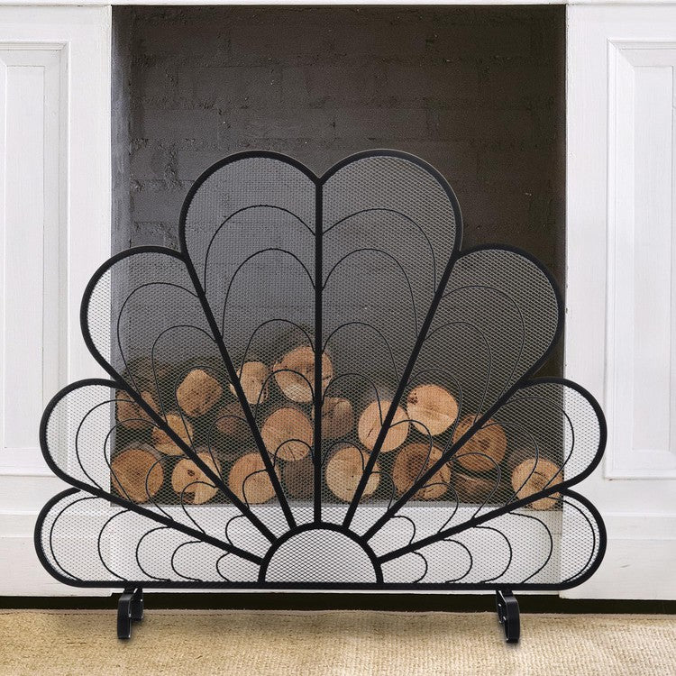 Peacock Feather Matte Black Metal Fireplace Screen on Elevated Curved Legs, Freestanding Decorative Mesh Spark Guard-MyGift