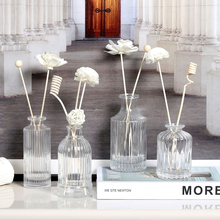Clear Glass Reed Diffuser Bottle, Small Flower Bud Vase, Apothecary Ribbed Decorative Bottles, 4 Piece Set-MyGift