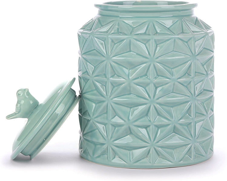 Turquoise Vintage Ceramic Kitchen Flour Canister, Cookie Jar with Star Design & Bird Topped Lid-MyGift