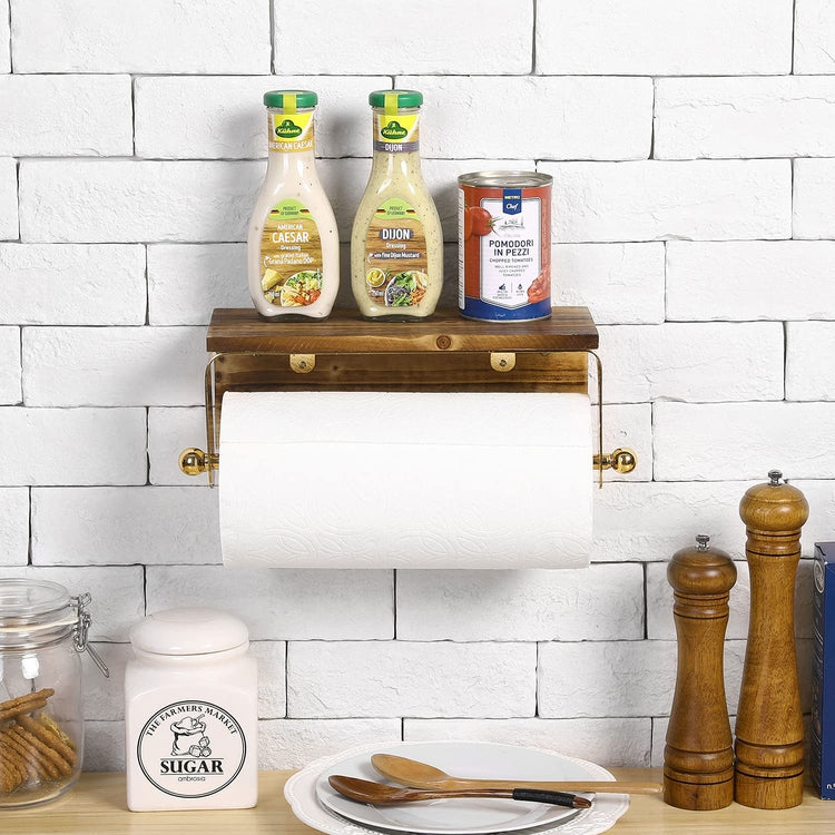 Burnt Wood and Gold Metal Kitchen Paper Towel Holder, Wall Mounted Dispenser with Top Storage Shelf-MyGift