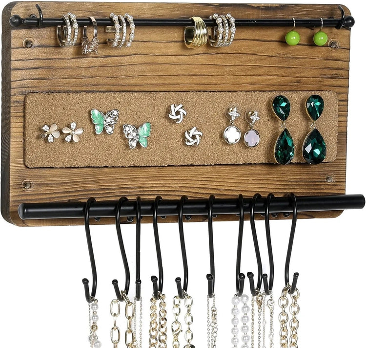 Wall Mounted Jewelry Organizer, Burnt Wood and Black Metal Necklace Holder, Bracelet, Earring Display Rack with S-Hooks-MyGift
