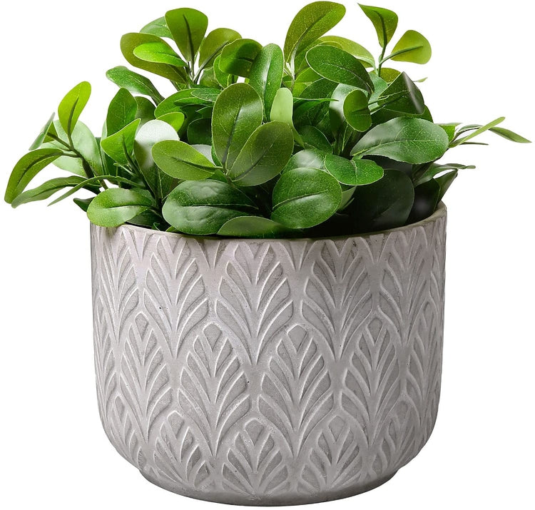8 inch Gray Round Cement Succulent Planter, Garden Flower Pot with Embossed Tropical Palm Leaf Pattern Design-MyGift