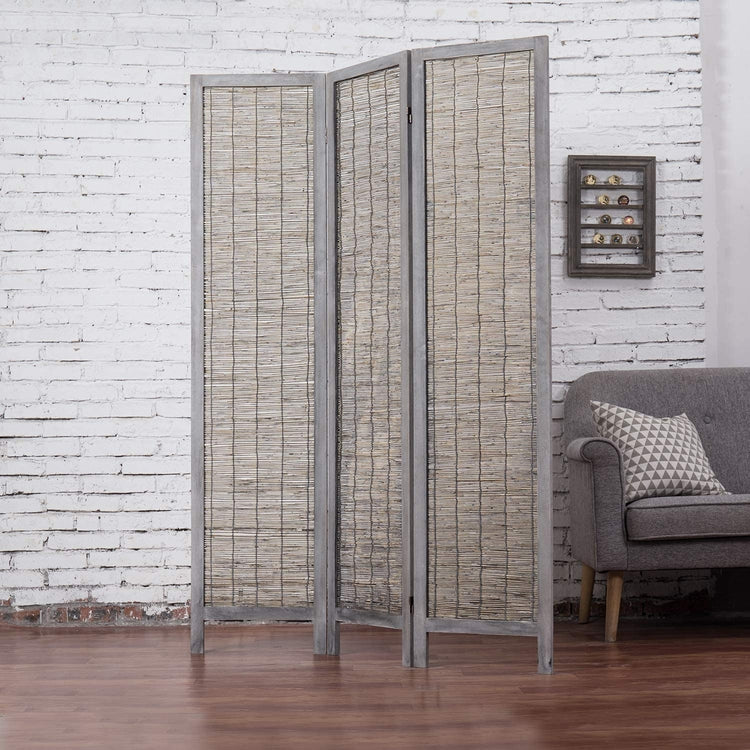 3 Panel, Woven Reed Room Divider with Distressed Gray Solid Wood Frame-MyGift