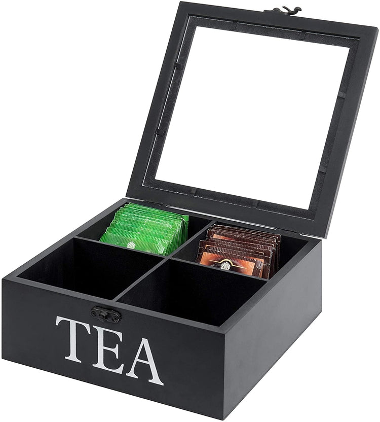 4Slot Black Wood Tea Bag Storage Chest with Clear Acrylic Lid MyGift