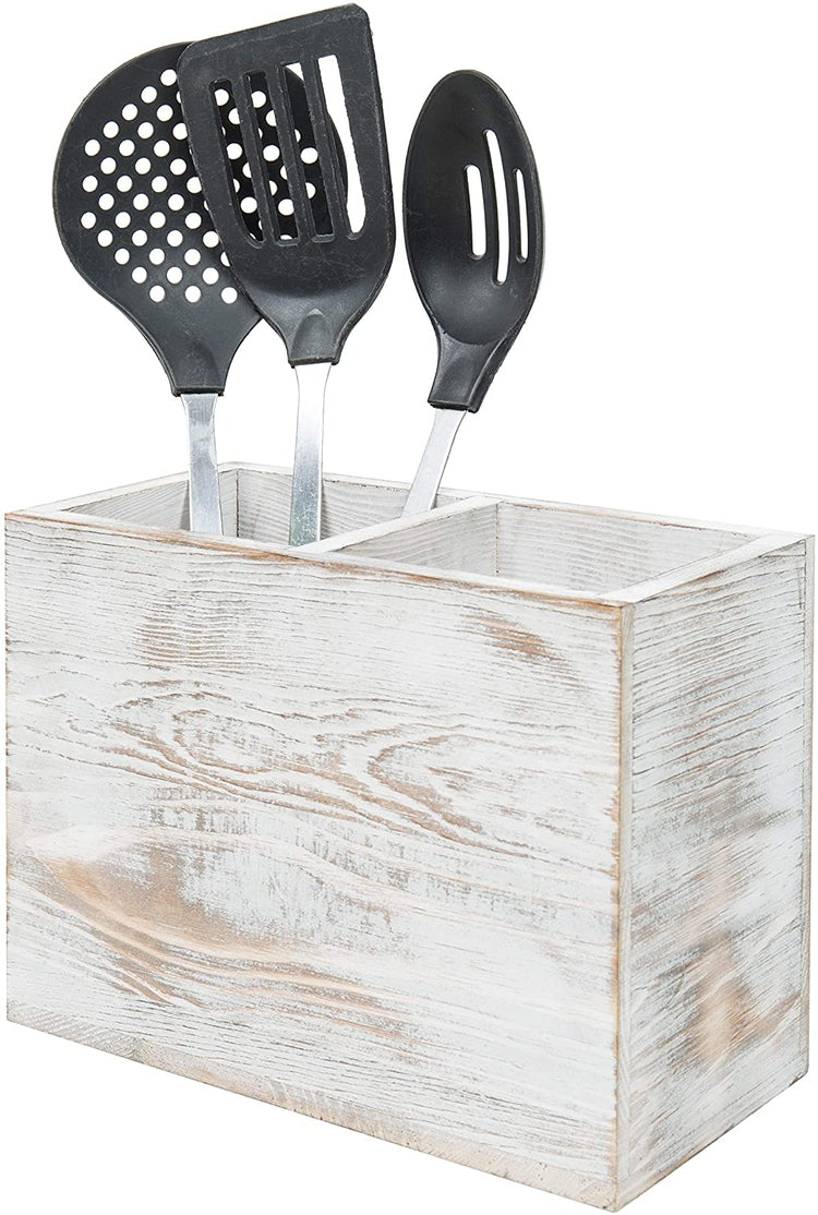 2-Compartment Whitewashed Wood Cooking Utensil Holder-MyGift