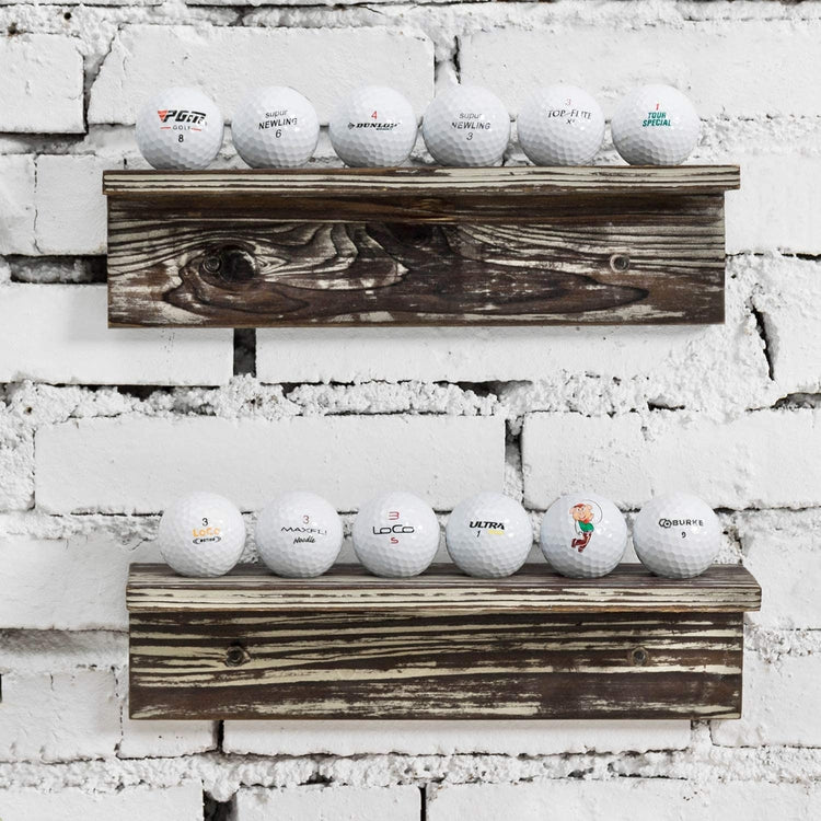 12-inch Wall Mounted Rustic Torched Wood Golf Ball Display Rack, Set of 2