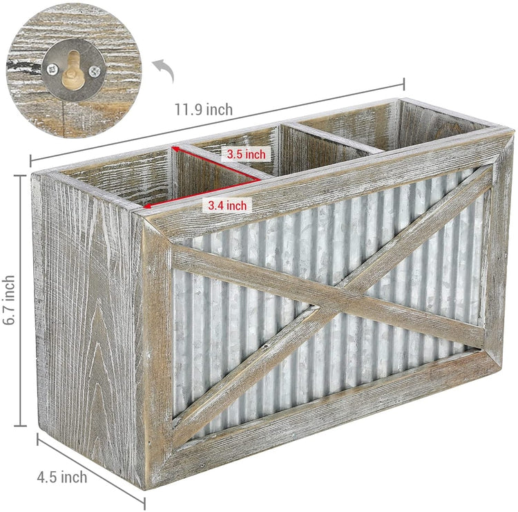 Countertop Kitchen Utensil Holder with Whitewashed Wood and Corrugated Metal, Wall Mounted Cooking Tool Caddy-MyGift