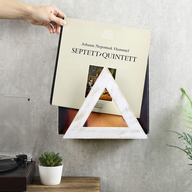 Whitewashed Wood Vinyl Record Storage Shelf, Album Display Holder Ledge, Wall Mounted Triangle Media Rack-MyGift